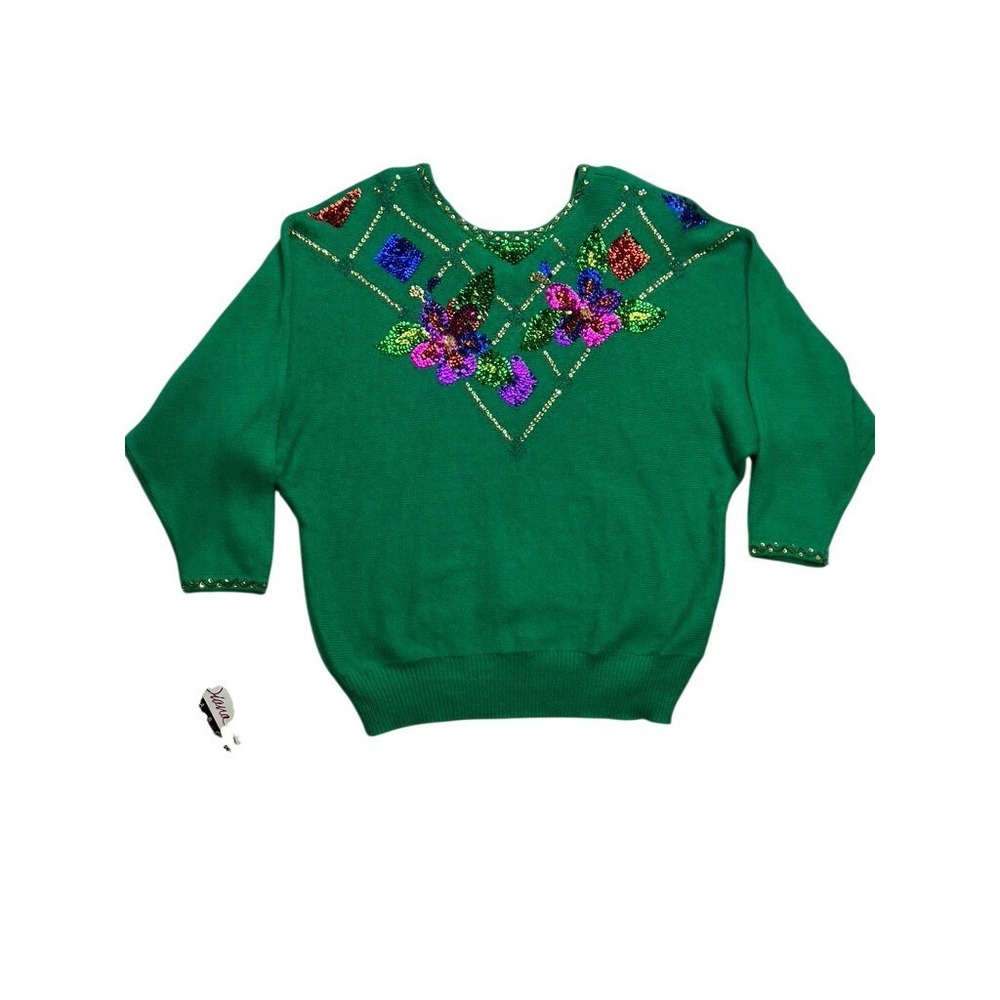 Vintage Diana Marco Sweater Women 14 Green NWT Sequin Floral Beaded Ramie Cotton